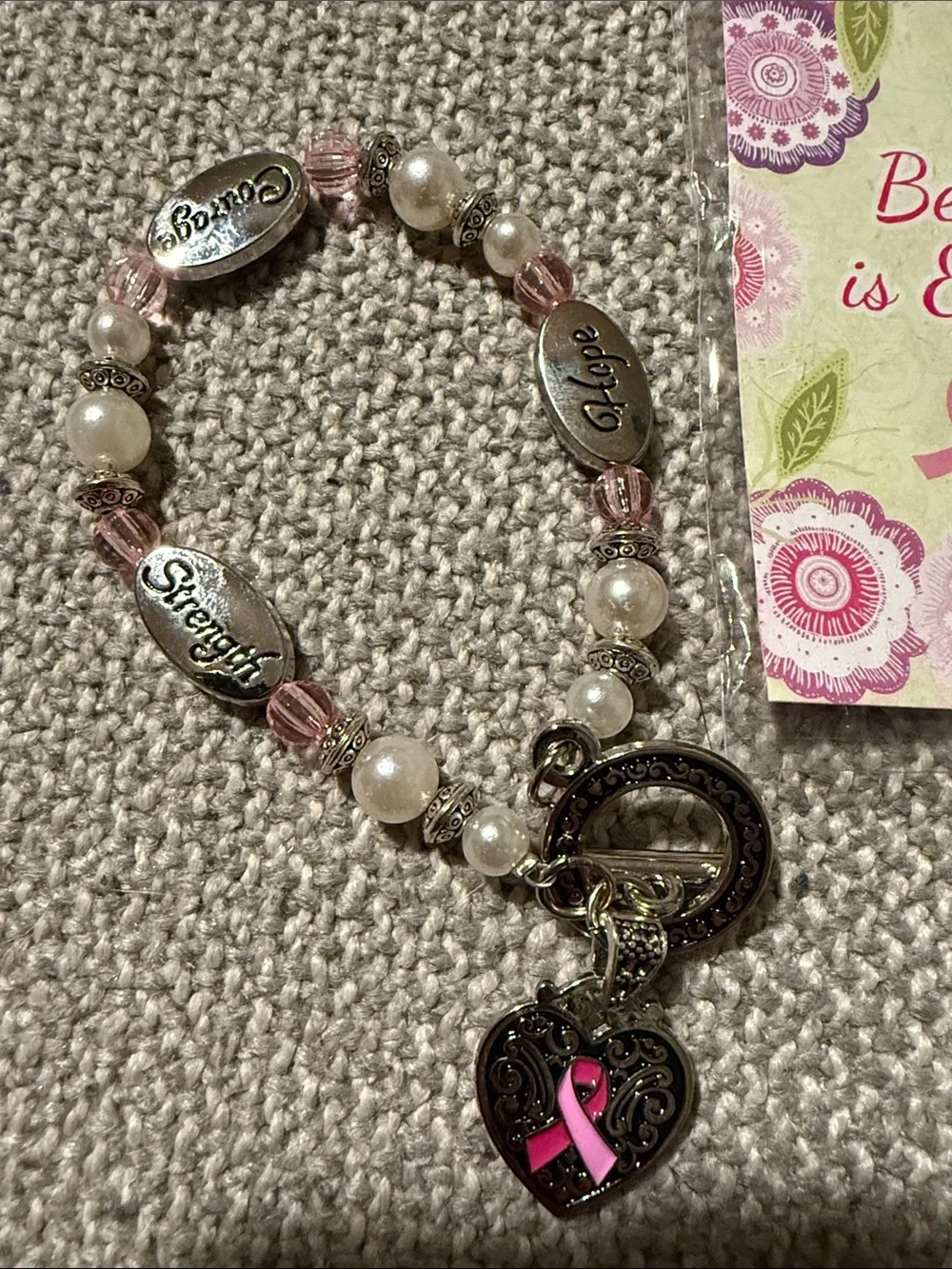 Breast Cancer Hope Courage & Strength Pink Ribbon Beaded Toggle Bracelet